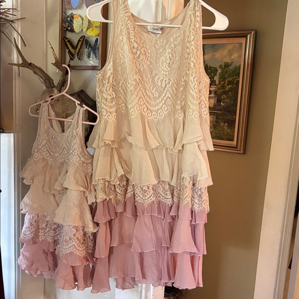 Mommy and me matching  Lace and Ruffle Layered Dress in Cream and Pink
